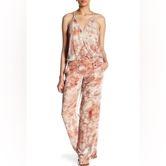 Young Fabulous & Broke Pants - Young Fabulous & Broke  Naomi Velvet Jumpsuit Peach Tie Dye Cloud size M